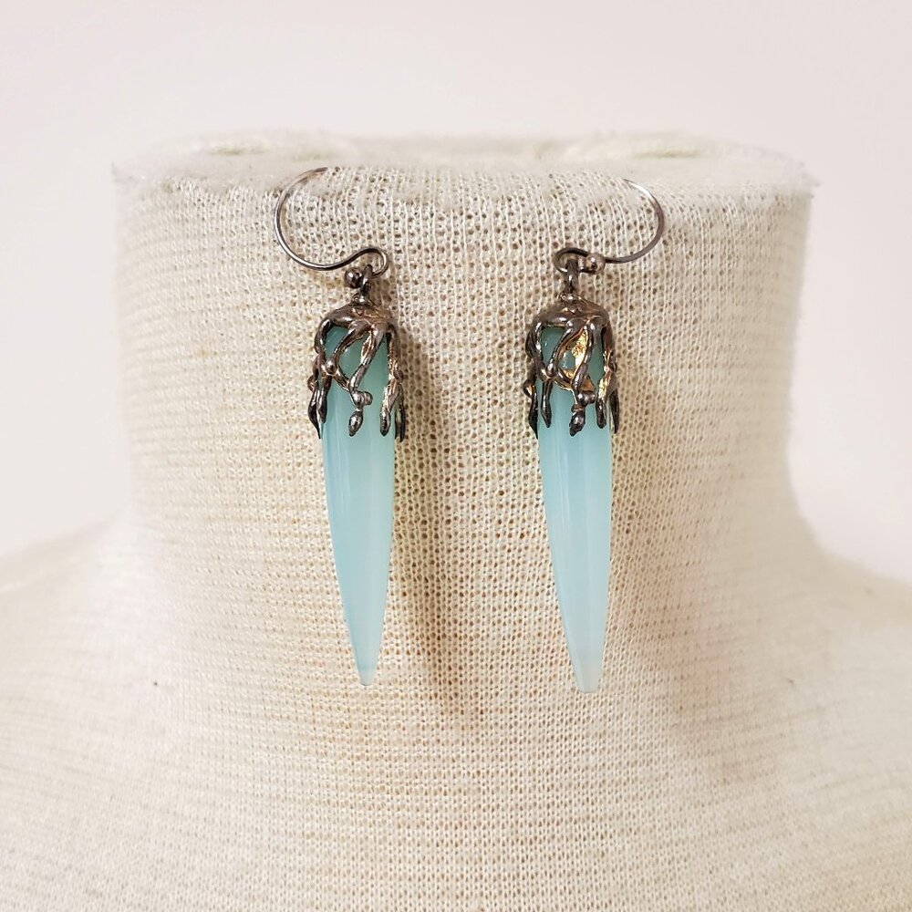 Silver Drip Cage Aqua Blue Chalcedony Long Taper Drop Hook Earrings